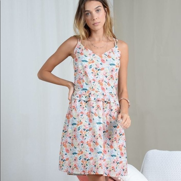NWT MOLLY BRACKEN 90s Floral Ruffle Waist Sleeveless Cross Strap Mini Dress S - Picture 1 of 10